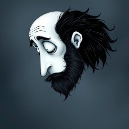 A pale white bald man with a dark black and gray beard, depicted in a Tim Burton drawing art style