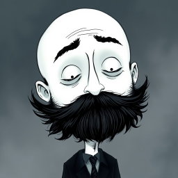 A pale white bald man with a dark black and gray beard, depicted in a Tim Burton drawing art style