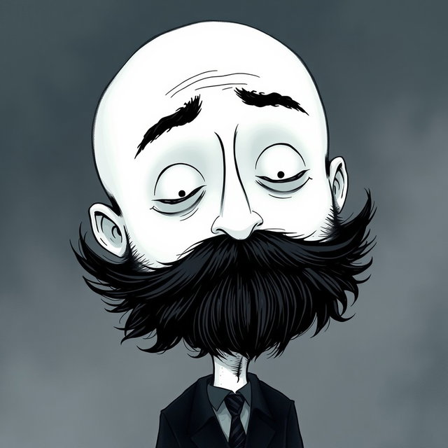 A pale white bald man with a dark black and gray beard, depicted in a Tim Burton drawing art style