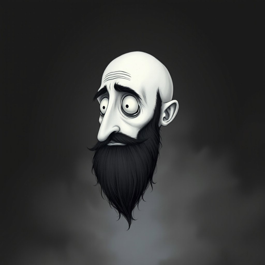 A pale white bald man with a dark black and gray beard, artistically rendered in a Tim Burton drawing art style