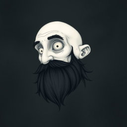 A pale white bald man with a dark black and gray beard, artistically rendered in a Tim Burton drawing art style