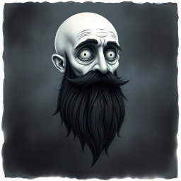 A pale white bald man with a dark black and gray beard, artistically rendered in a Tim Burton drawing art style