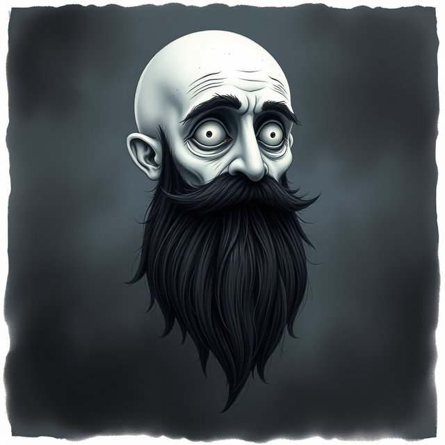 A pale white bald man with a dark black and gray beard, artistically rendered in a Tim Burton drawing art style