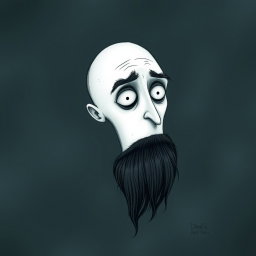 A pale white bald man with a dark black and gray beard, illustrated in the distinctive Tim Burton drawing art style