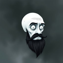 A pale white bald man with a dark black and gray beard, illustrated in the distinctive Tim Burton drawing art style