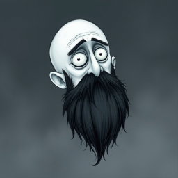 A pale white bald man with a dark black and gray beard, illustrated in the distinctive Tim Burton drawing art style