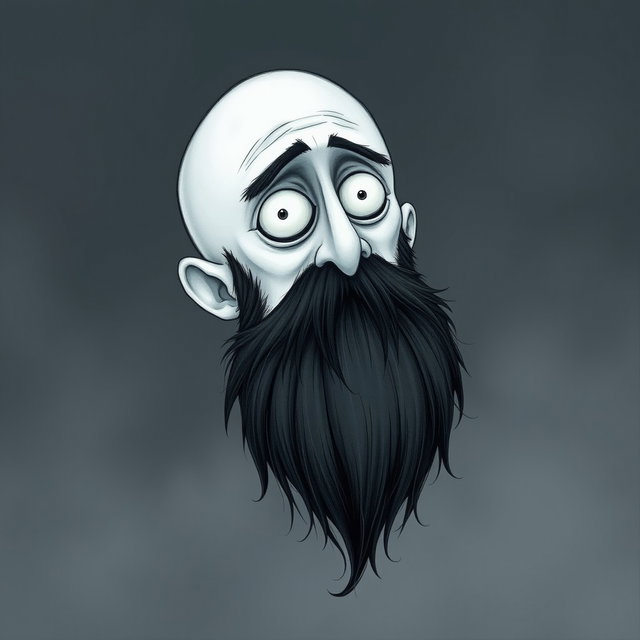 A pale white bald man with a dark black and gray beard, illustrated in the distinctive Tim Burton drawing art style