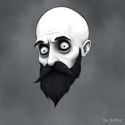 A pale white bald man with a dark black and gray beard, illustrated in a Tim Burton drawing art style