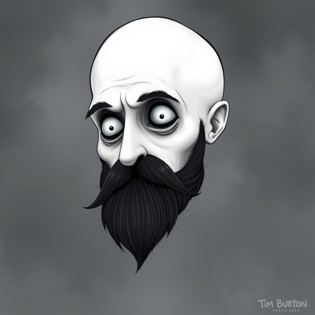A pale white bald man with a dark black and gray beard, illustrated in a Tim Burton drawing art style