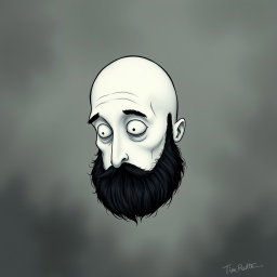 A pale white bald man with a dark black and gray beard, illustrated in a Tim Burton drawing art style