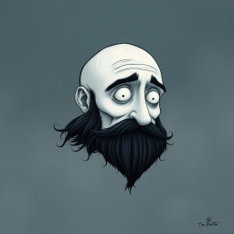 A pale white bald man with a dark black and gray beard, illustrated in a Tim Burton drawing art style