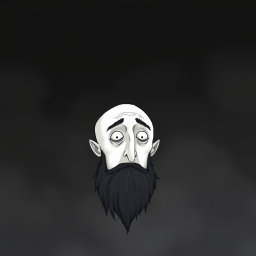 A pale white bald man with a dark black and gray beard, illustrated in a Tim Burton drawing art style