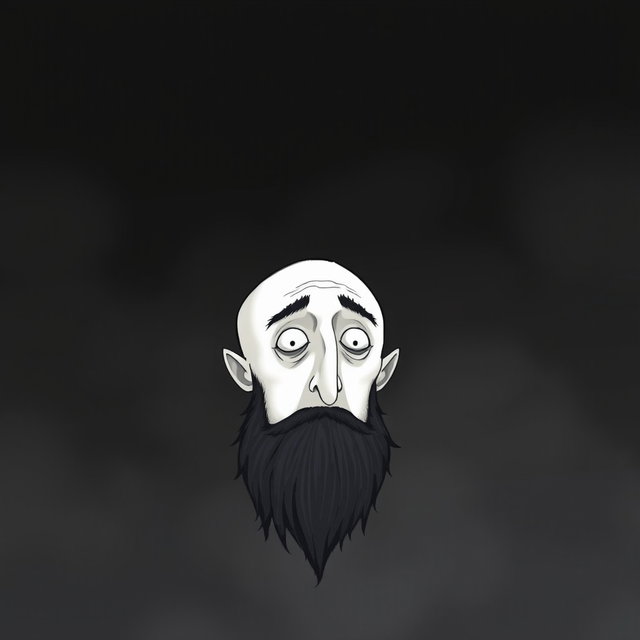 A pale white bald man with a dark black and gray beard, illustrated in a Tim Burton drawing art style