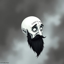 A pale white bald man with a dark black and gray beard, depicted in a Tim Burton drawing art style
