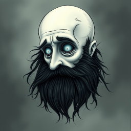 A pale white bald man with a dark black and gray beard, depicted in a Tim Burton drawing art style