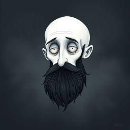A pale white bald man with a dark black and gray beard, depicted in a Tim Burton drawing art style