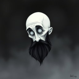 A pale white bald man with a dark black and gray beard, depicted in a Tim Burton drawing art style