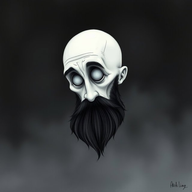 A pale white bald man with a dark black and gray beard, depicted in a Tim Burton drawing art style