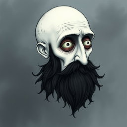A pale white bald man with a dark black and gray beard, depicted in a Tim Burton drawing art style