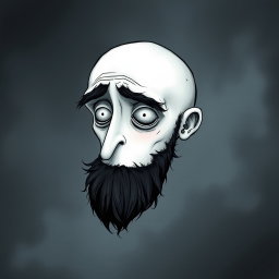 A pale white bald man with a dark black and gray beard, depicted in a Tim Burton drawing art style