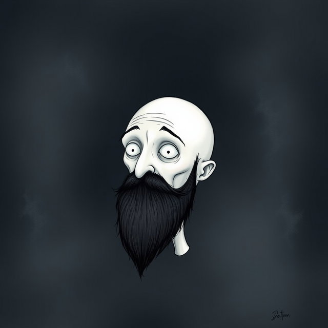 A pale white bald man with a dark black and gray beard, depicted in a Tim Burton drawing art style