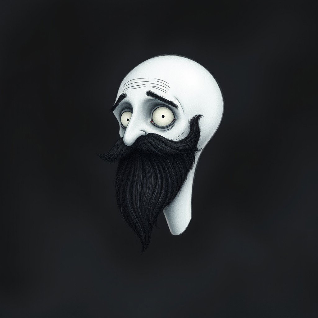 A pale white bald man with a dark black and gray beard, illustrated in a Tim Burton drawing art style