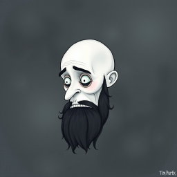 A pale white bald man with a dark black and gray beard, illustrated in a Tim Burton drawing art style