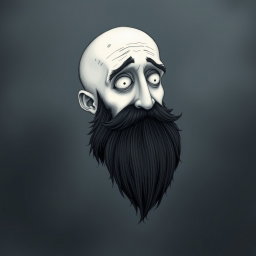 A pale white bald man with a dark black and gray beard, illustrated in a Tim Burton drawing art style