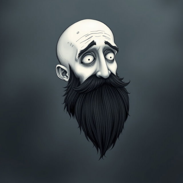 A pale white bald man with a dark black and gray beard, illustrated in a Tim Burton drawing art style