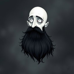 A pale white bald man with a dark black and gray beard, illustrated in a Tim Burton drawing art style