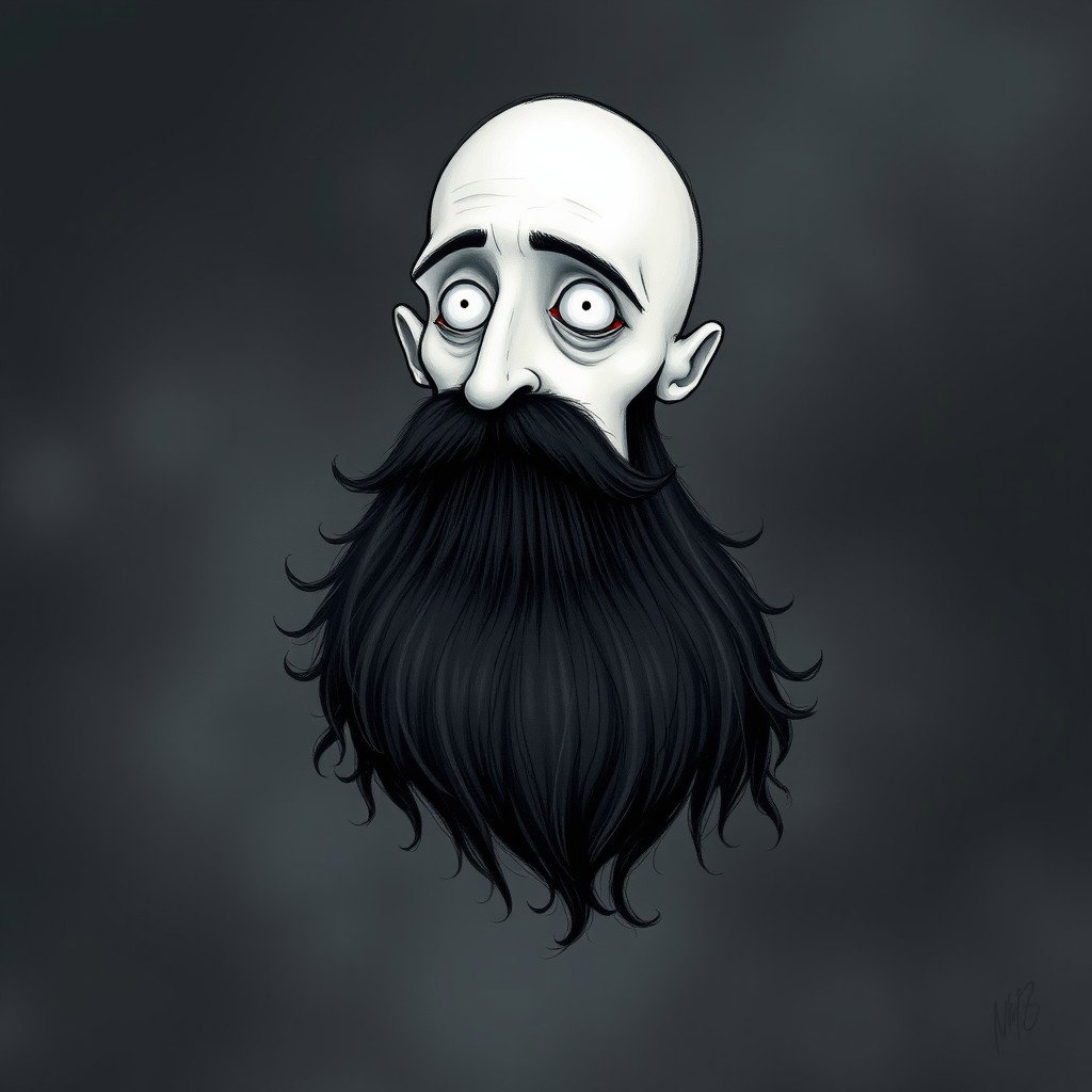 A pale white bald man with a dark black and gray beard, illustrated in a Tim Burton drawing art style