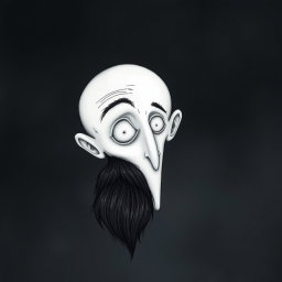 A pale white bald man with a dark black and gray beard, illustrated in a Tim Burton drawing art style