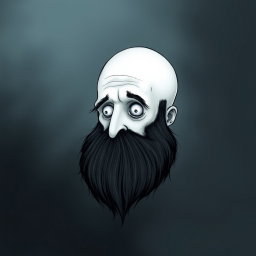 A pale white bald man with a dark black and gray beard, illustrated in a Tim Burton drawing art style