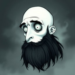 A pale white bald man with a dark black and gray beard, illustrated in a Tim Burton drawing art style