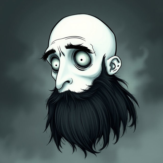 A pale white bald man with a dark black and gray beard, illustrated in a Tim Burton drawing art style