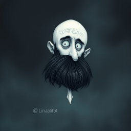 A pale white bald man with a dark black and gray beard, illustrated in a Tim Burton drawing art style