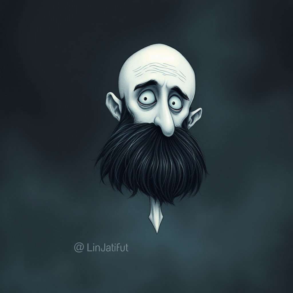 A pale white bald man with a dark black and gray beard, illustrated in a Tim Burton drawing art style