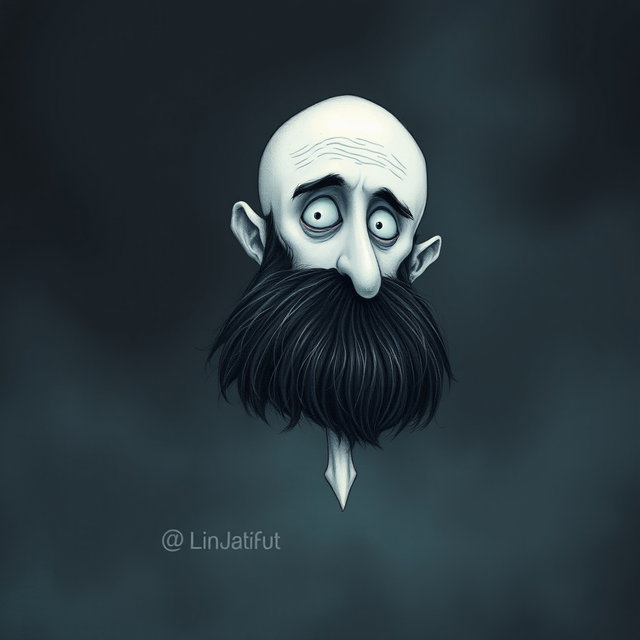 A pale white bald man with a dark black and gray beard, illustrated in a Tim Burton drawing art style