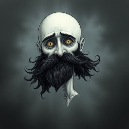 A pale white bald man with a dark black and gray beard, illustrated in a Tim Burton drawing art style