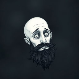 A pale white bald man with a dark black and gray beard, illustrated in a Tim Burton drawing art style