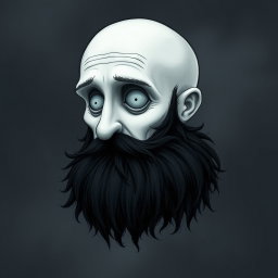 A pale white bald man with a dark black and gray beard, created in a Tim Burton drawing art style