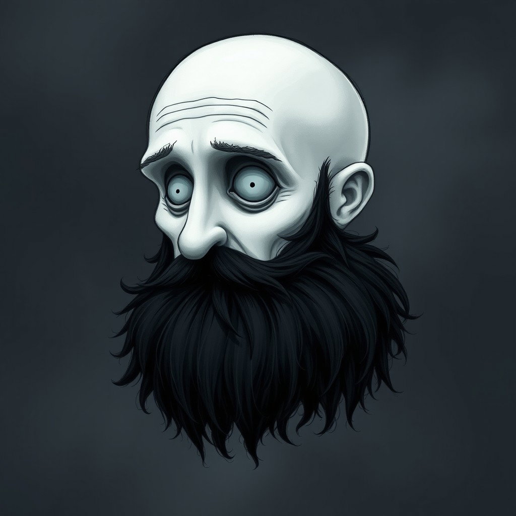 A pale white bald man with a dark black and gray beard, created in a Tim Burton drawing art style
