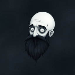 A pale white bald man with a dark black and gray beard, created in a Tim Burton drawing art style