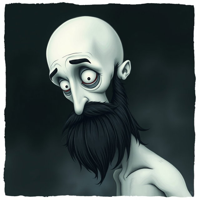 A pale white bald man with a dark black and gray beard, created in a Tim Burton drawing art style
