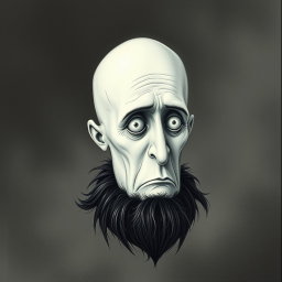 A pale white bald man with a dark black and gray beard, depicted in a Tim Burton drawing art style