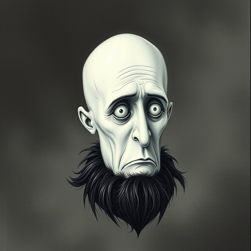 A pale white bald man with a dark black and gray beard, depicted in a Tim Burton drawing art style