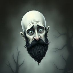 A pale white bald man with a dark black and gray beard, depicted in a Tim Burton drawing art style