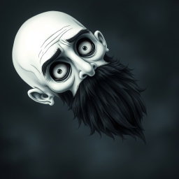 A pale white bald man with a dark black and gray beard, depicted in a Tim Burton drawing art style