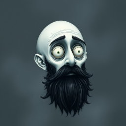 A pale white bald man with a dark black and gray beard, depicted in a Tim Burton drawing art style