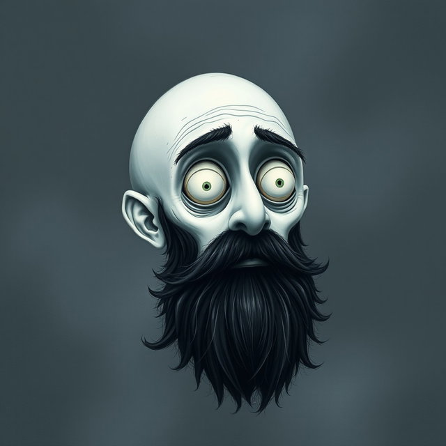 A pale white bald man with a dark black and gray beard, depicted in a Tim Burton drawing art style